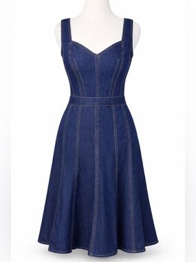 TRACTR Denim Fit & Flare Midi Dress Corset Seam Zip Front Blue Womens Large